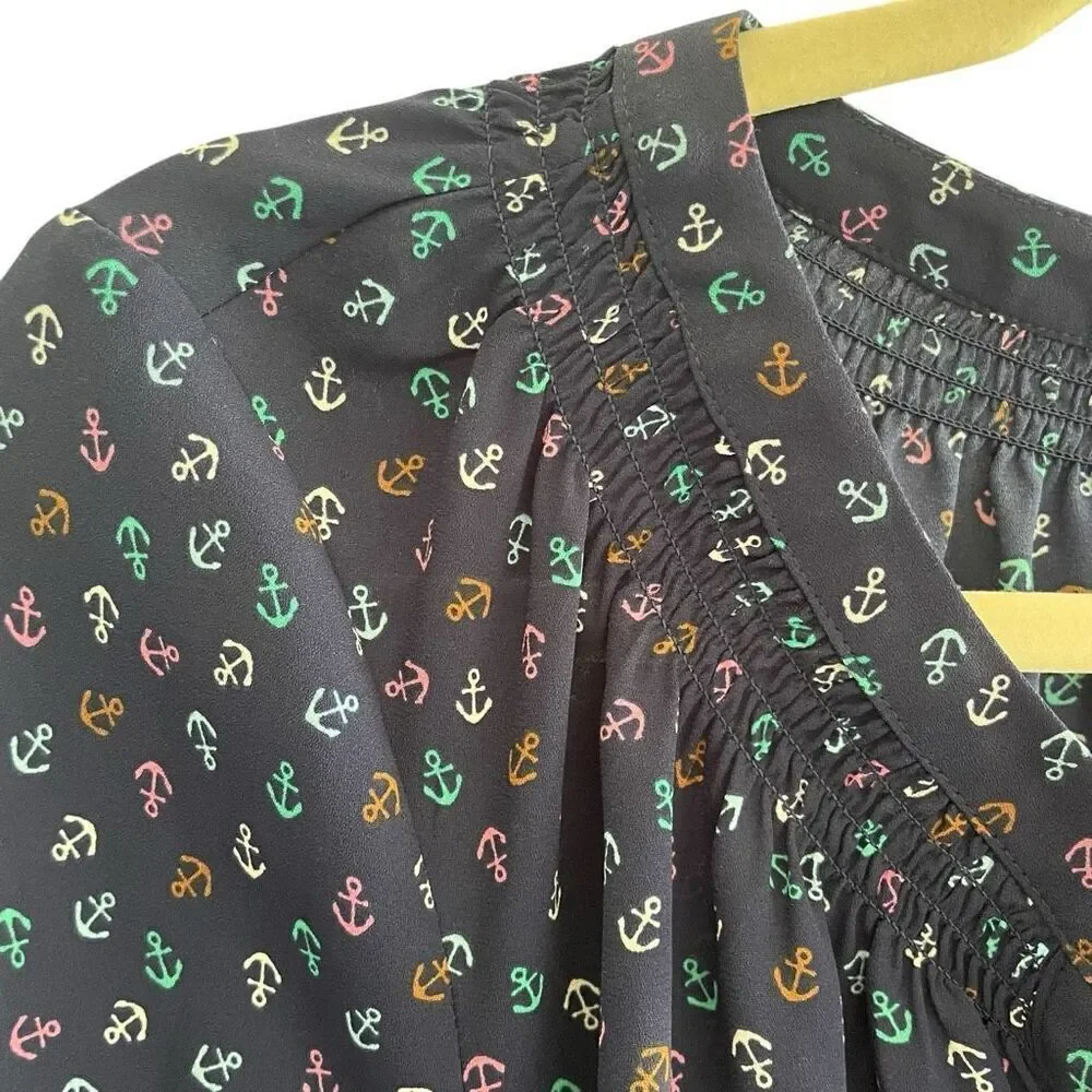 Talbots Petite Nautical Boat Anchor Print Long Sleeve Navy Blouse Top Sz Large